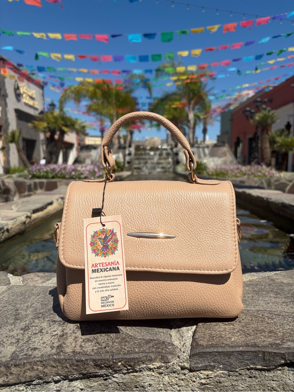 MEXICANA Leather Beige Top-Handle Satchel with Gold Accent, Crossbody - Picture 8 of 8
